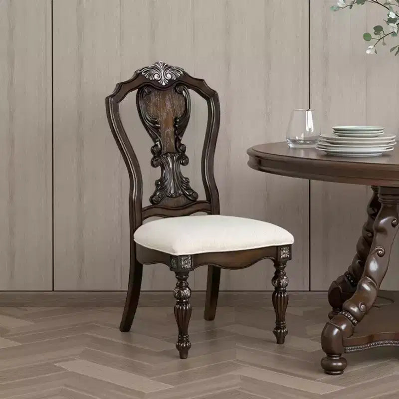 Royal Hampton Side Dining Chair Set of 2, Ornate Carved Dark Brown Wood