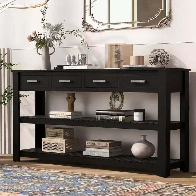 Modern Wood Console Table with Drawers and Shelves, Minimalist Entryway Table with Storage for Entryways and Living Rooms