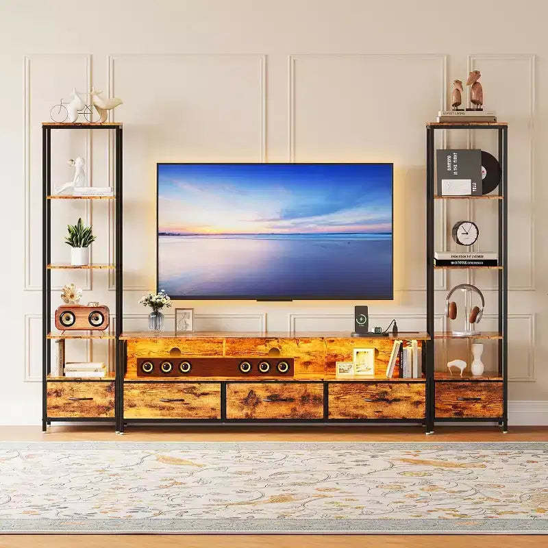 TV Stand for 65 inch TVs with Bookshelves, Entertainment Center with LED Lights & Power Outlets, 5 Fabric Drawers, Industrial TV Console