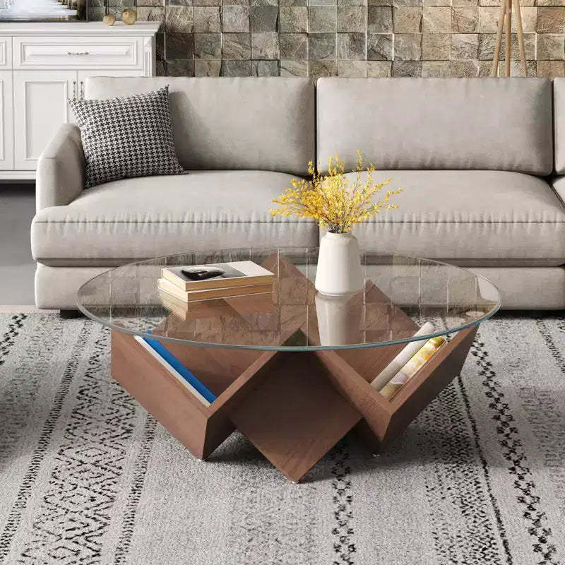 Round Coffee Table Glass Cocktail Table Center Table Sofa Side Table Accent Table with Geometric Abstract Art Base Storage Shelf, Walnut - ModernLuxe