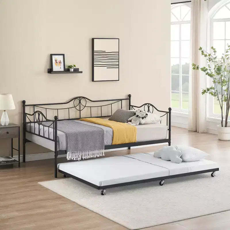Modern Twin Daybed with Trundle and Backrest, Pull-Out Daybed Sofa Bed, Space-Saving, Easy Assembly, Steel Slat Support, for Living Room, Bedroom