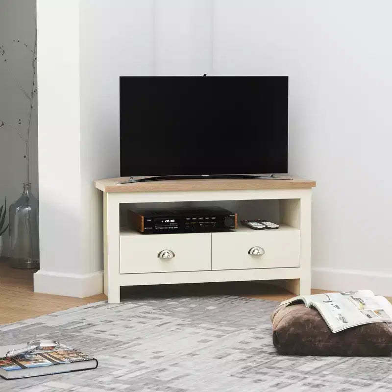 GDFStudio Cordoba Modern Wood Corner TV Stand with Drawers and Open Shelf