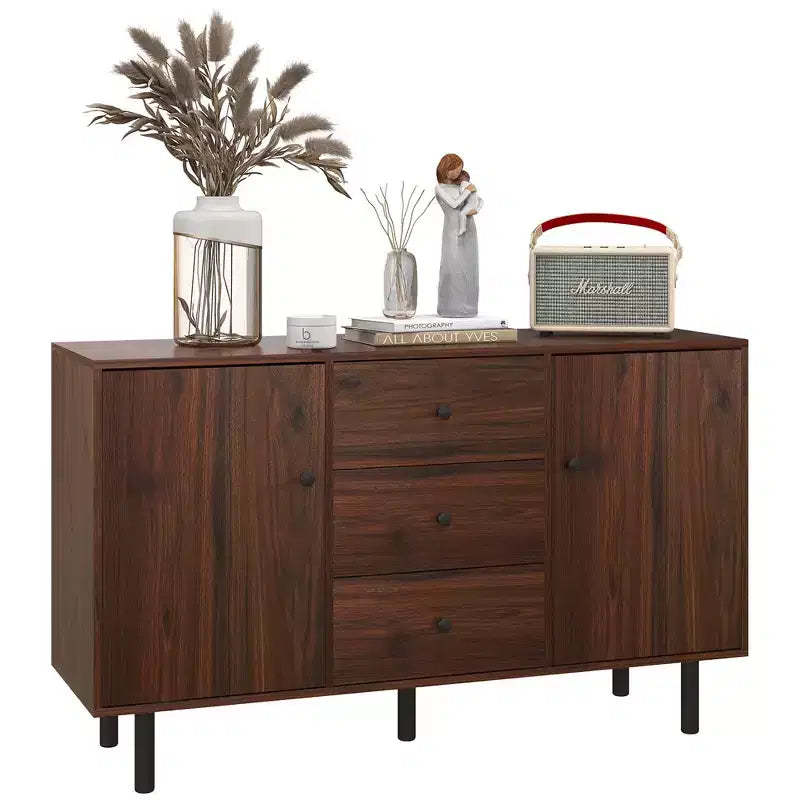 HOMCOM Storage Sideboard, Credenza Cabinet with 2 Cupboards, 3 Drawers and Adjustable Shelves, Buffet Table for Living Room, Entryway, Rustic Brown