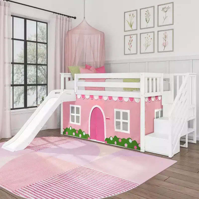 Low Twin over Twin Bunk With Stairs, Easy Slide & Light Pink & White Farmhouse Curtain