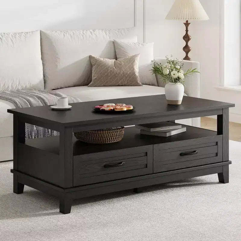 Coffee table with drawers, 47.2 inches, country style, with open shelving and 6 support legs.