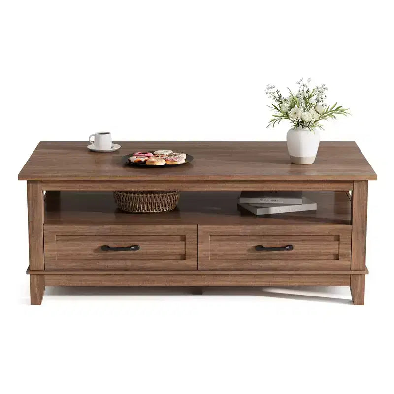 CuisinSmart Living Room Coffee Table with Storage Drawers, Farmhouse Coffee Table, Heavy Duty Table Metal Handles for Living Room Office