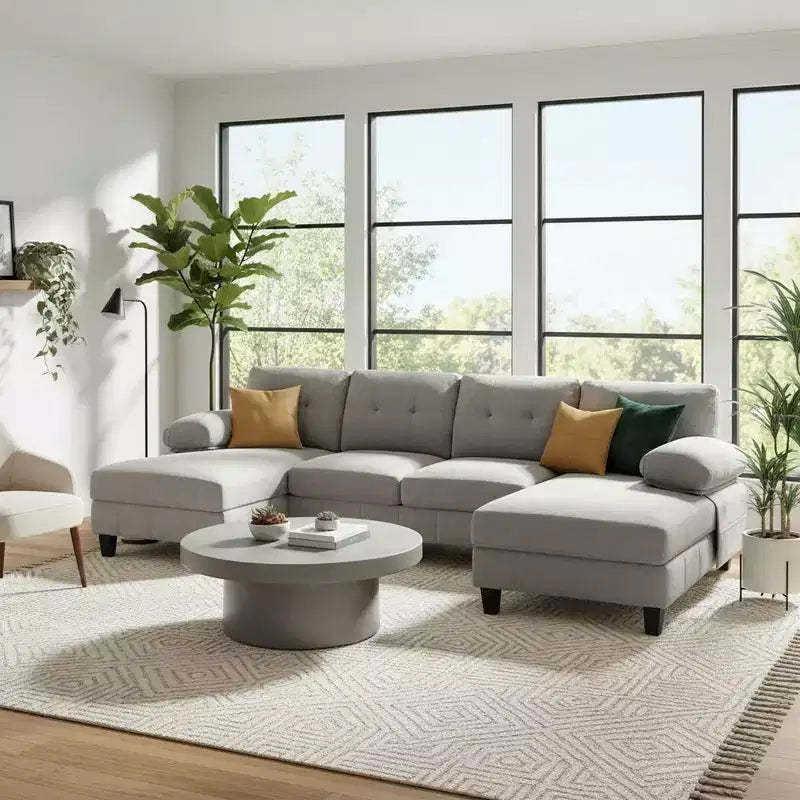 Homy Casa U-Shaped Sectional Sofa with Storage Pockets and Armrest Pillows, Modern 6-Seat Living Room Couch, Grey