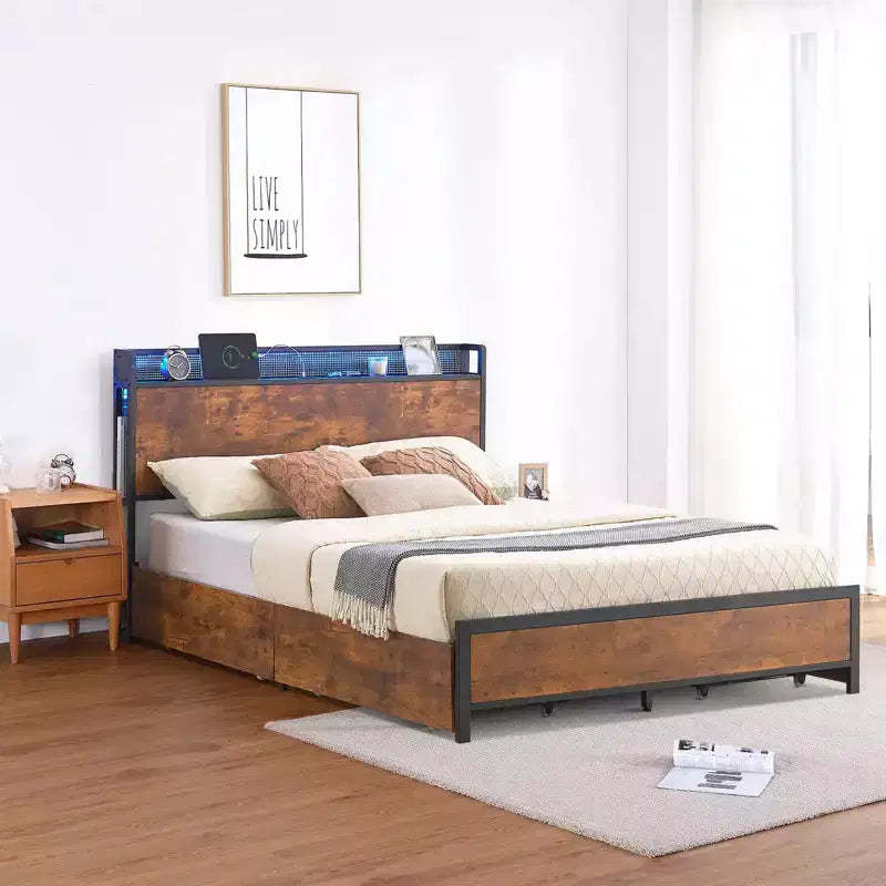 Queen Bed Frame, 4 Drawers and Storage Headboard, Metal Platform Bed, Easy Assembly, No Box Spring Needed