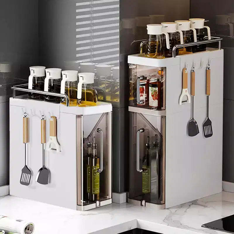 Seasoning Organizer ,Narrow Kitchen Spice Rack with Dust proof Doors & Hooks, Counter topGap Storage