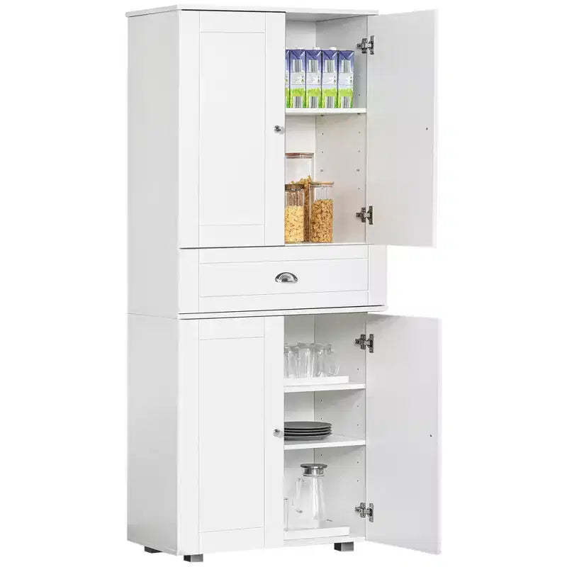 HOMCOM 72 Freestanding Kitchen Pantry Cabinet with 2 Large Double Door Cabinets and 1 Center Drawer, White