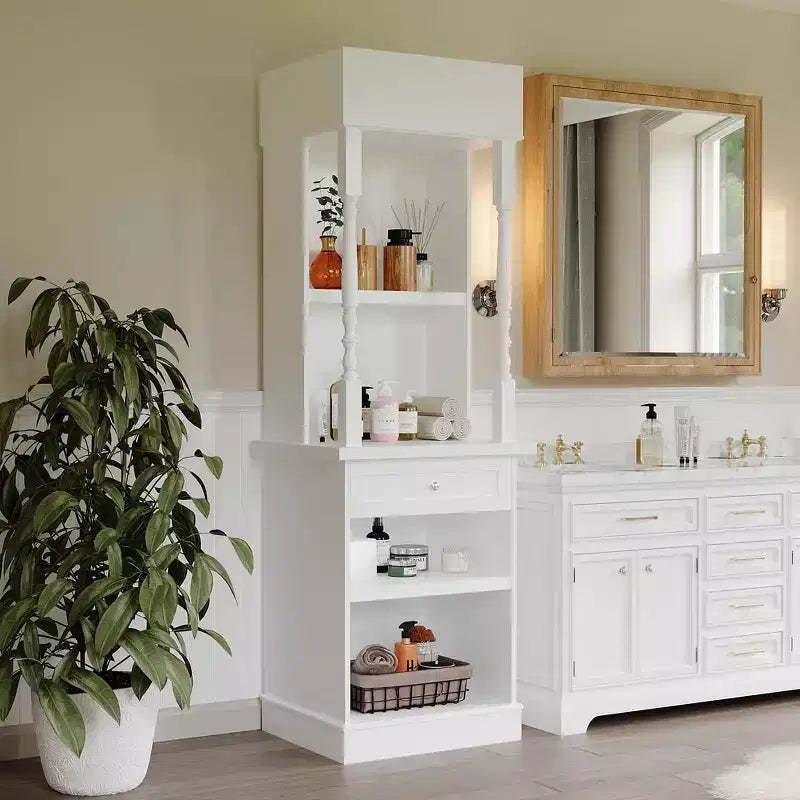 Famapy White Tall Display Cabinet & Storage Cabinet  Decorative Shelves + Drawer, Versatile for Home Spaces