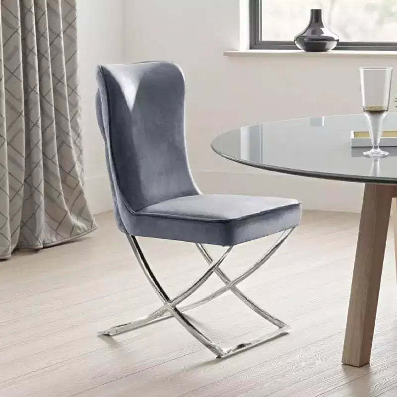 Royal Hampton Side Dining Chair Set of 2, Chrome Metal, Gray Button Tufted Velvet