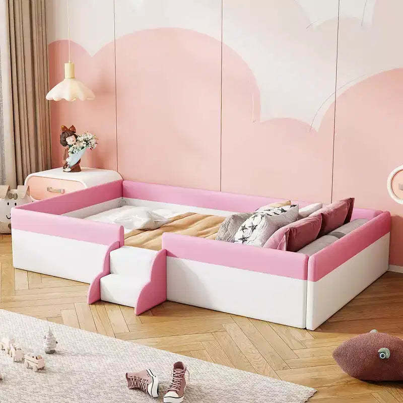 Twin/King Upholstered Daybed Frame with Fence and Stairs, Montessori Kids Floor Bed with Sturdy Slat Support, Pink+White