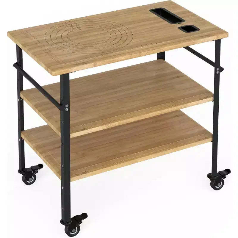 Pizza Oven Table 33x20x35.5, Outdoor Grill Table on 4 Wheels, Three-Shelf Bamboo Cart for Food Prep, BBQ Dining, Wood Color