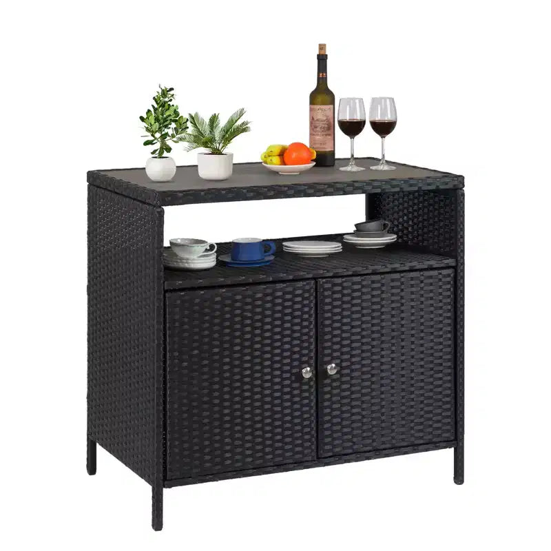 Outdoor Wicker Storage Cabinet with Shelving Unit Double-Door Waterproof Wicker Bar Table Ideal for Patios, Poolsides, and Gardens