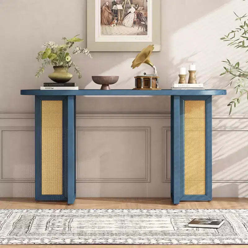 MAYEERTY Rattan Console Table Narrow with Storage for Living Room Hallway Navy