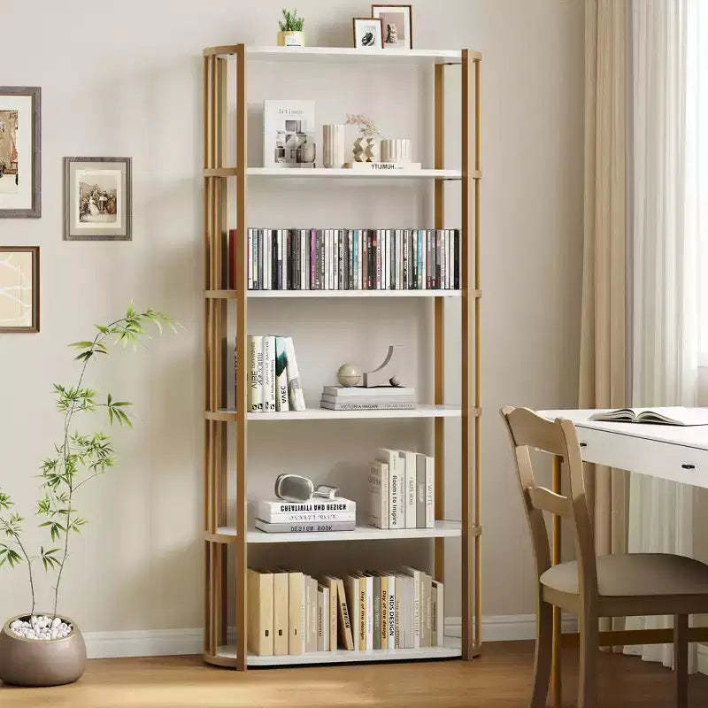 Freestanding Wooden 6 Tier Industrial Tall 71 Inches Wooden Bookshelf,Metal Frame Large Open Bookcase for Bedroom,Living Room,Office, White and Gold