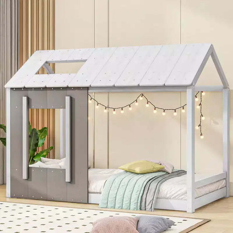 Twin Size Platform Bed with Roof and Window House Bed Frame, No Box Spring Required Twin Size Bedframe for Bedroom, Children's Room, Kids Room