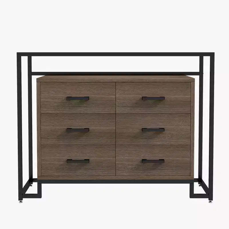 6 Drawers Dresser, Steel Tempered Glass Triamine Board Raised Bottom Six Drawer Storage Cabinet  for Living Room Bedroom