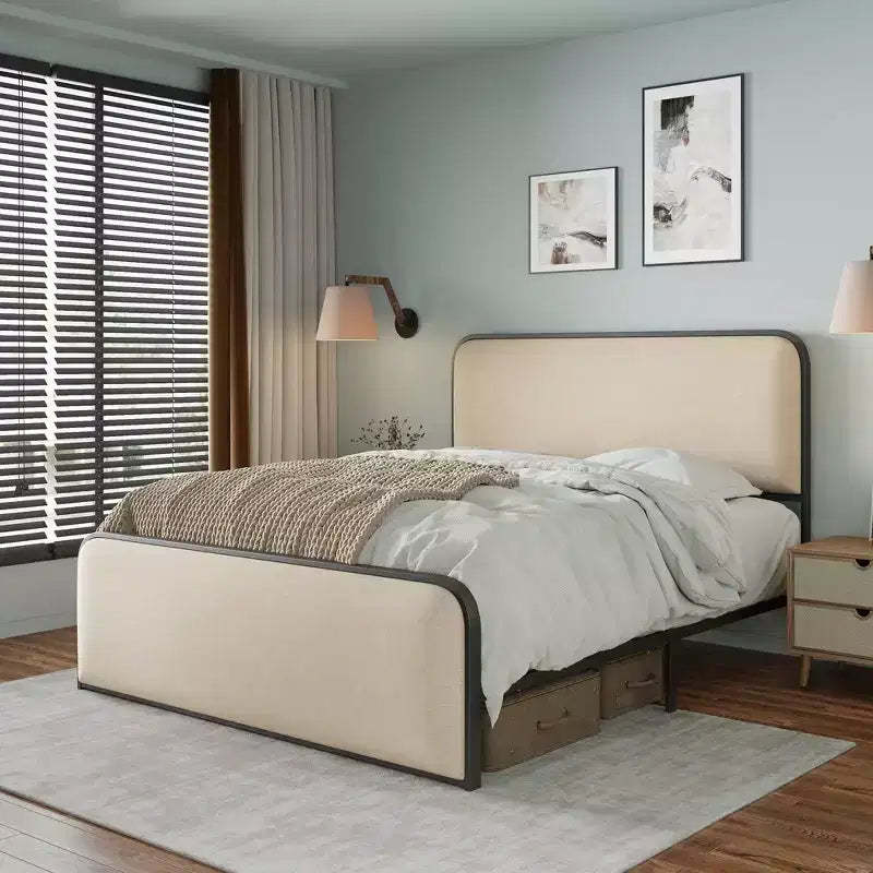 Whisen King Modern Metal Bed Frame with Upholstered Headboard and Storage