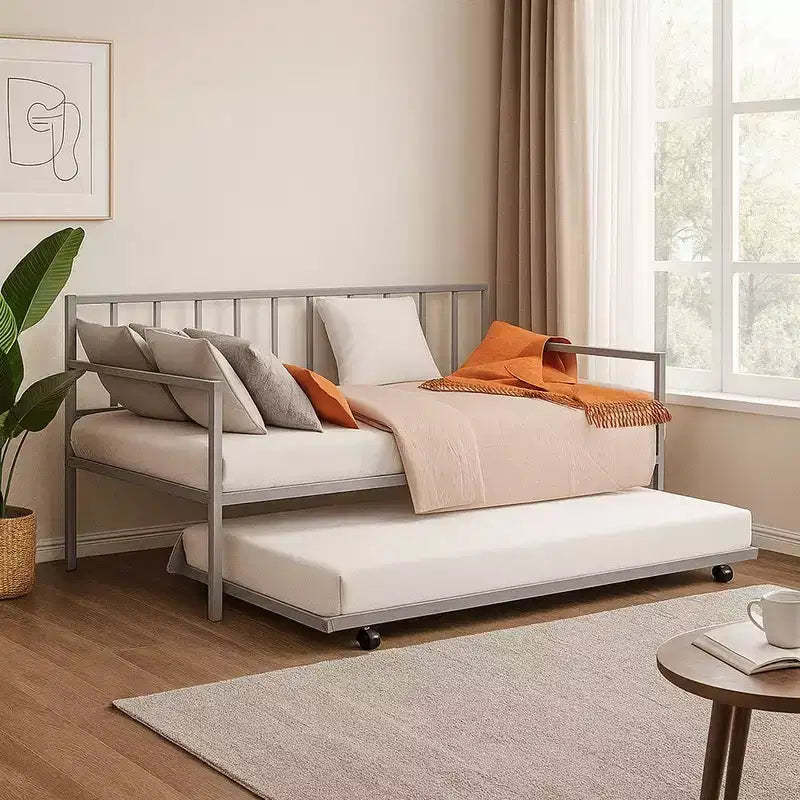Royal Hampton Daybed with Pull Out Trundle, Silver Slatted Open Metal Frame