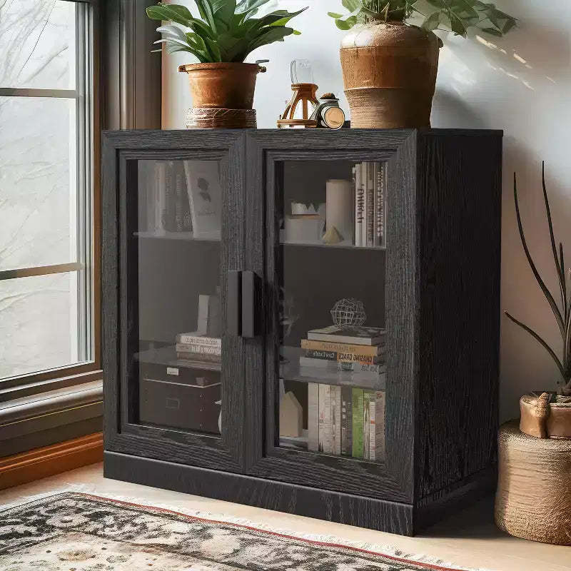 PexFix 31 Modern Wood Bookshelf Storage Cabinet with 2 Glass Door and Adjustable Shelf for Kitchen Bedroom Entryway Living Room Dinning Room Black