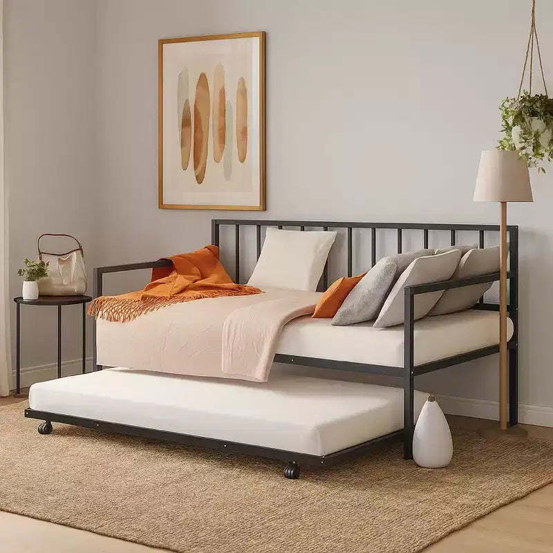 Royal Hampton Daybed with Pull Out Trundle, Black Slatted Open Metal Frame