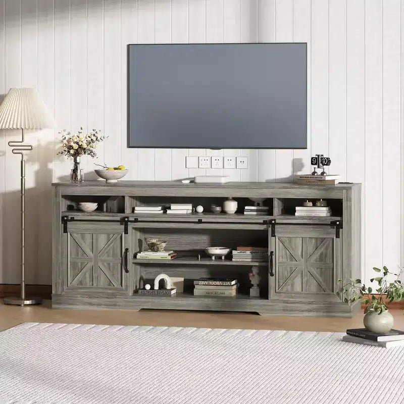 Farmhouse TV Stand for 75 Television, Entertainment Center with Semi-Open Storage & Barn Doors, Media TV Console Table with Adjustable Shelf