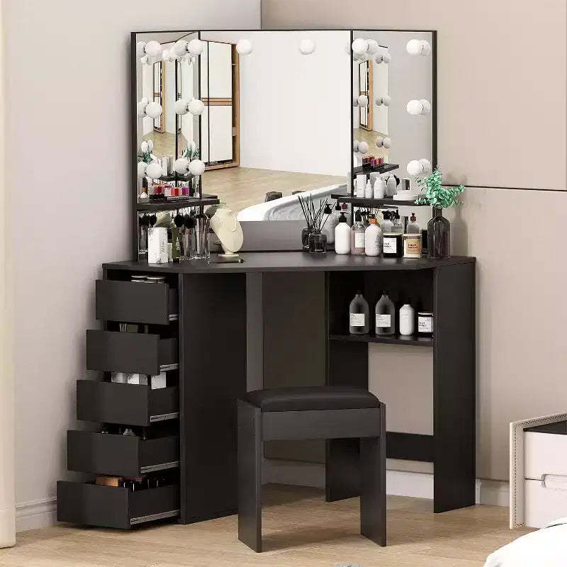 Corner Makeup Vanity Desk with Mirror and Light, Makeup Vanity Table with Stool, Large Dressing Table with 5 Drawers, Makeup Vanity for Bedroom