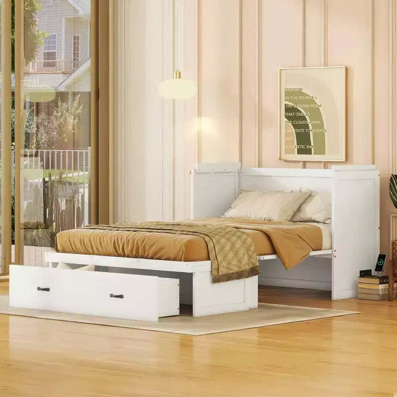 Murphy Bed Cabinet Full, Wood Mobile Murphy Chest Bed with USB Ports and Storage Drawers, White