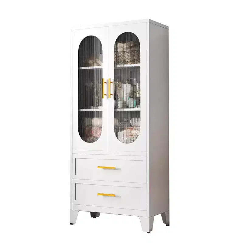 73 Tall Metal Storage Cabinet, Kitchen Pantry Cabinet with 2 Glass Doors, 2 Drawers, 2 Adjustable Shelves, White Cupboard Storage Organizer