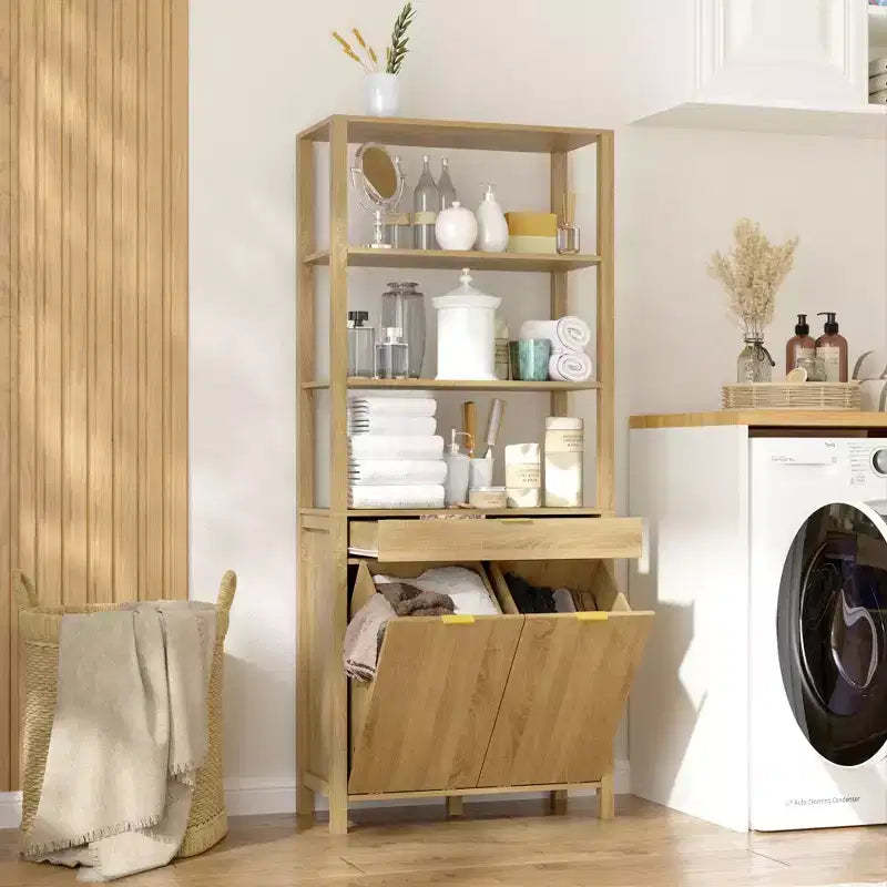 Famapy Natural Wood Bathroom Laundry Tower with Dawer and Open Shelves,Tilt-Out Hampers,Bathroom & Laundry Room Storage Cabinet