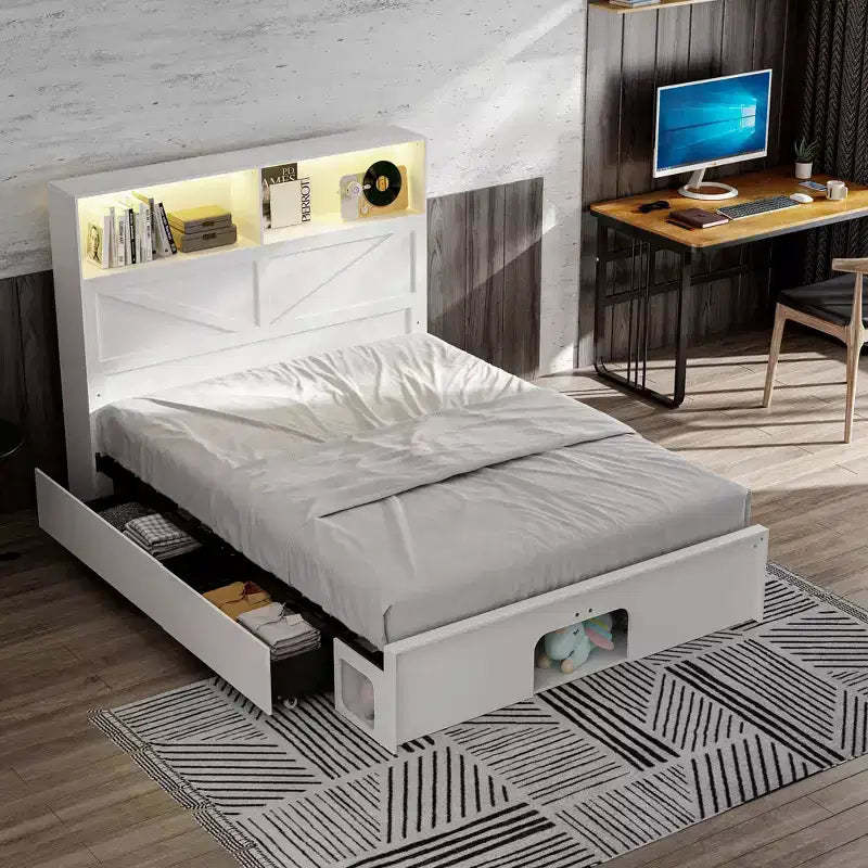 Famapy Smart Bluetooth-Enabled Bed Frame,App-Contrl,Custom RGB Lights,Power Outlets, Open Shelves+4 Rolling Drawers,Central Iron Frame,Pet Nook