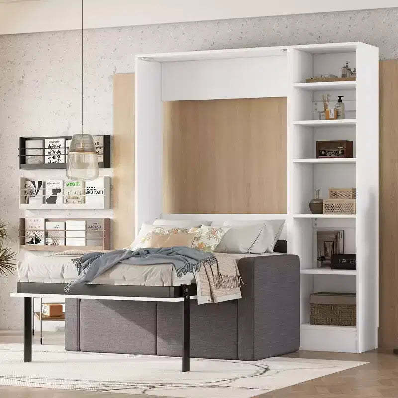 Full/Twin Murphy Bed with Sofa, Wall Bed with Cushion, Murphy Bed with Shelves for Bedroom Guestroom Small Room, White