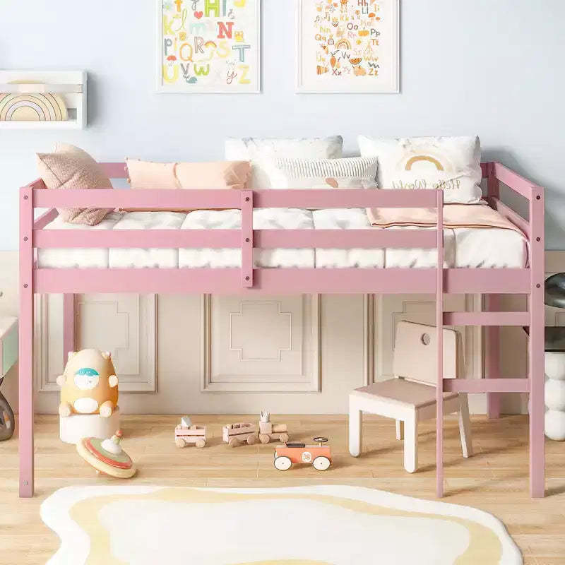MAYEERTY Twin Loft Bed Solid Rubber Wooden with Ladder Bed Platform of Strengthened Slats Pink
