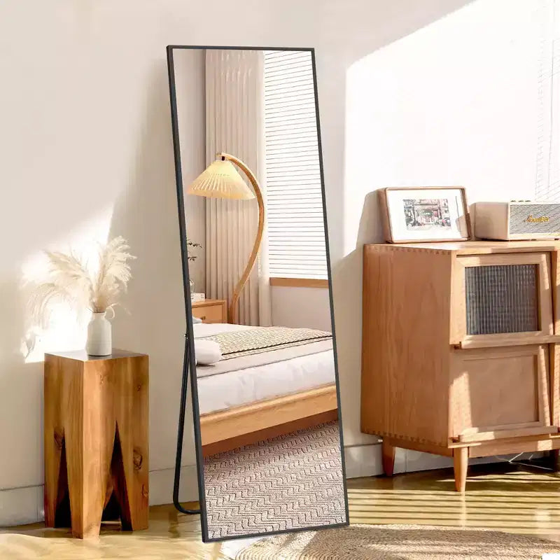 MAYEERTY 58 inch Modern Rectangle Full Length Mirror Aluminum Alloy Floor Mirror with Stand Black