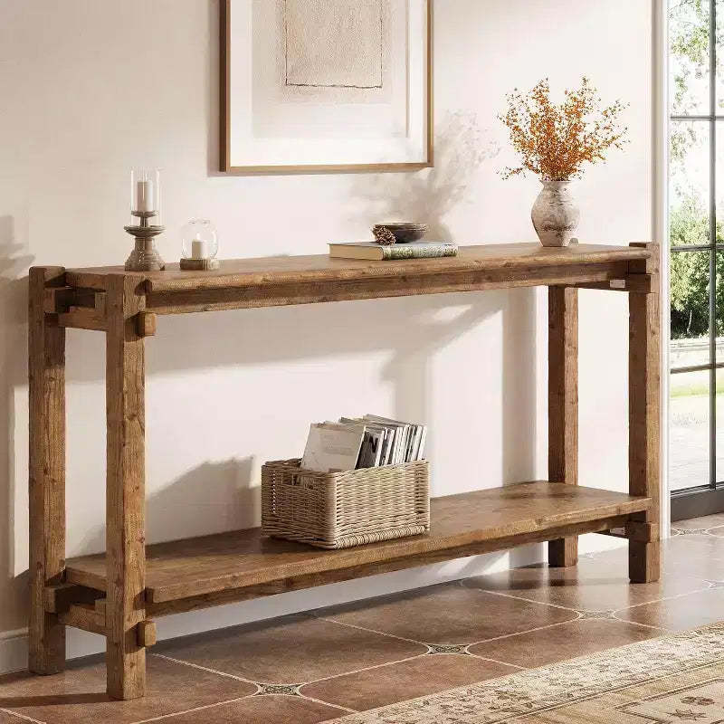 Lantine 63-Inch Solid Wood Console Table, 2-Tier Farmhouse Entryway Table for Living Room, Entrance, Behind Sofa