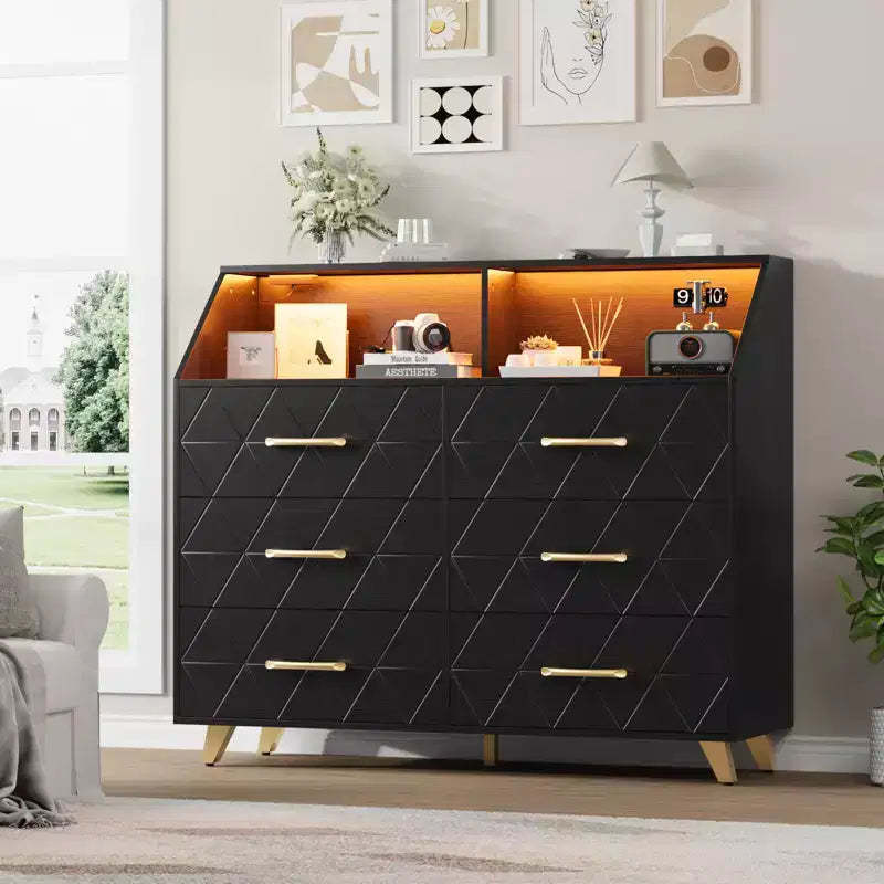 Black Chest of Drawer with Led Light Strip,Modern 6 Drawer Dresser,Charging Station,Open Shelf, Large Wooden Dresser Cabinet for Bedroom, Living Room