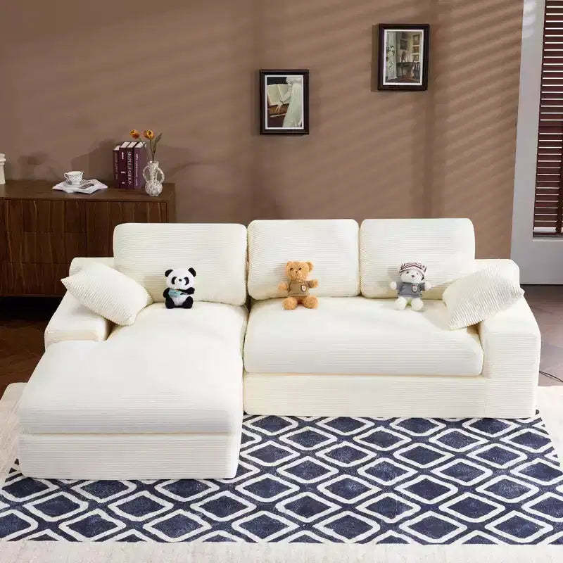 White Corduroy Comfy Sofa w/ 5 Cushions  Cozy Living Room Essential