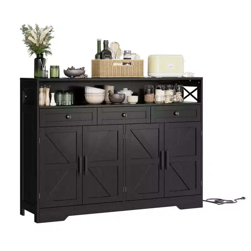Sideboard with drawers and shelves, featuring storage and a charging station, suitable for kitchens, dining rooms, and living rooms.