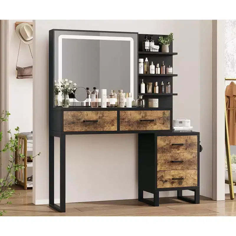 Vanity Desk with LED Mirror, Makeup Vanity Table with Drawers, Cabinet, Dressing Table with Open Storage Shelves for Bedroom, Dressing Room