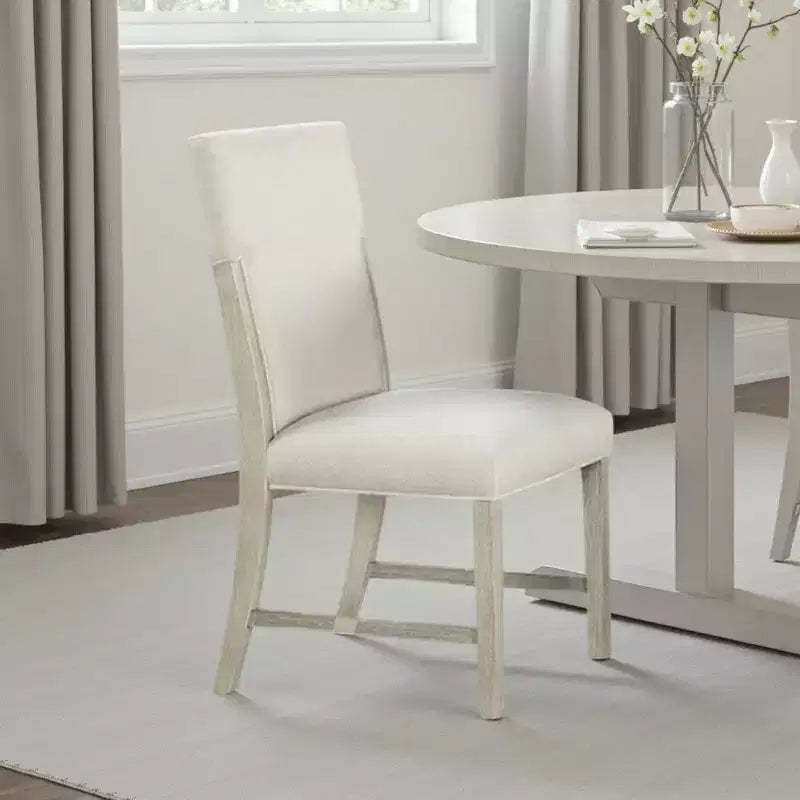 Royal Hampton Side Dining Chair Set of 2, Natural Brown Solid Wood, Soft White Fabric