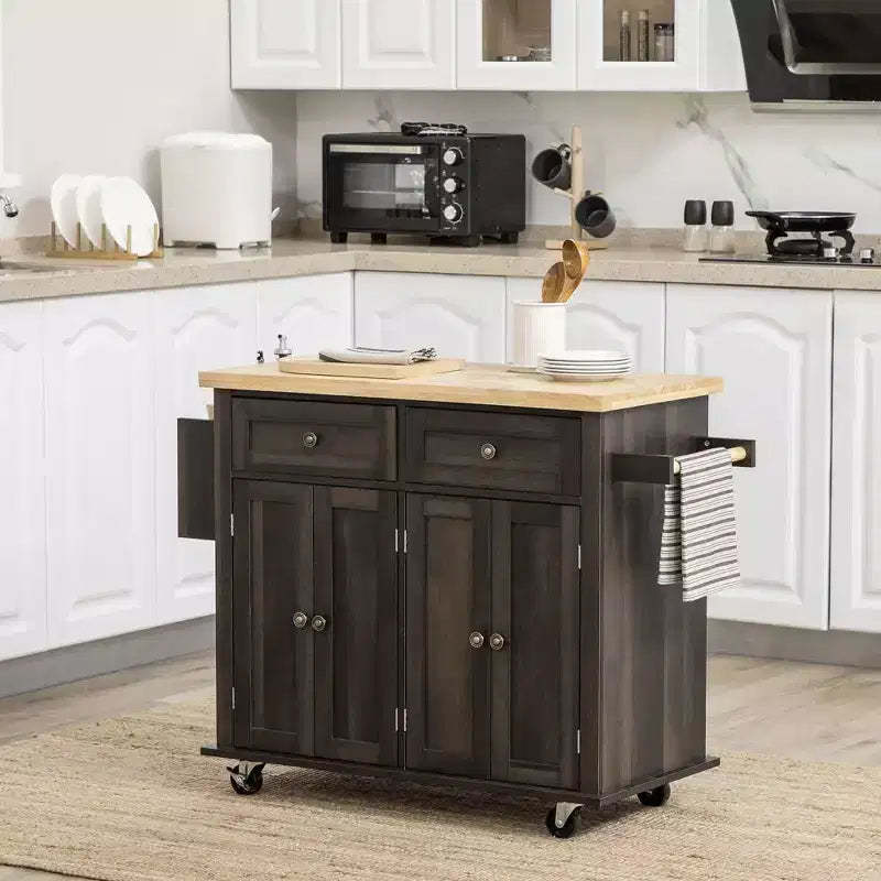 Okak Modern Kitchen Island On Wheels with Spice Rack, Kitchen Cart with 2 Drawers and 4 Cabinet Doors, Countertop Organizer for Kitchen, Brown Oak