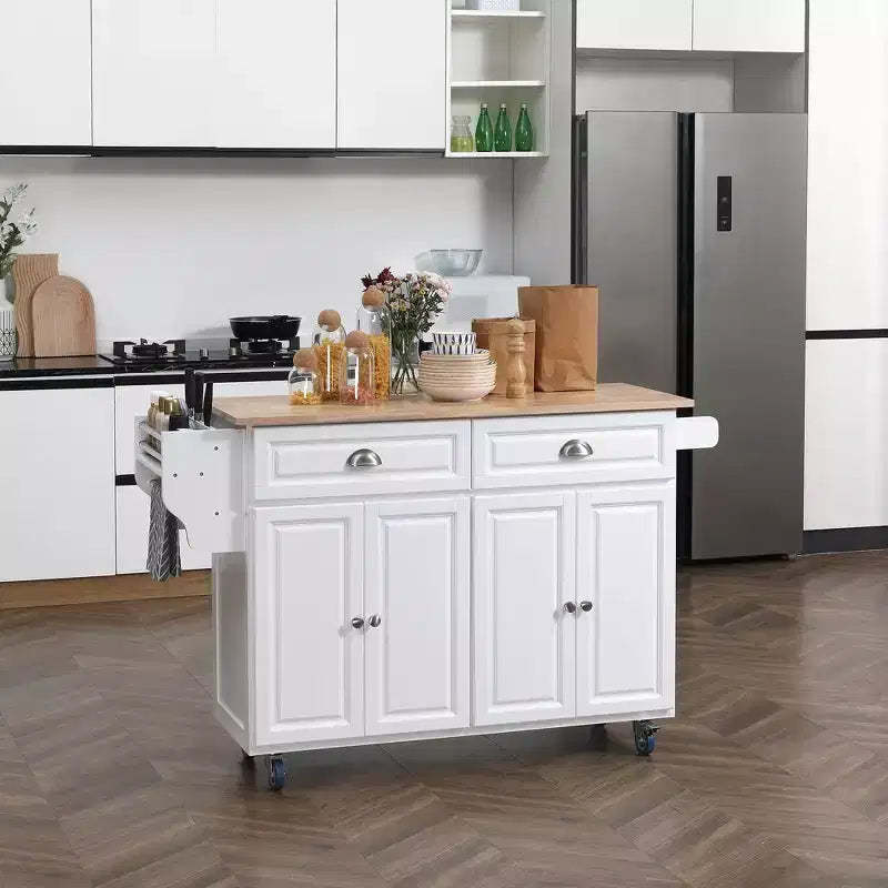 Okak Kitchen Island On Wheels with Rubberwood Top, Kitchen Cart with Drop Leaf and Storage Drawers, Kitchen Island for Dining Room, White