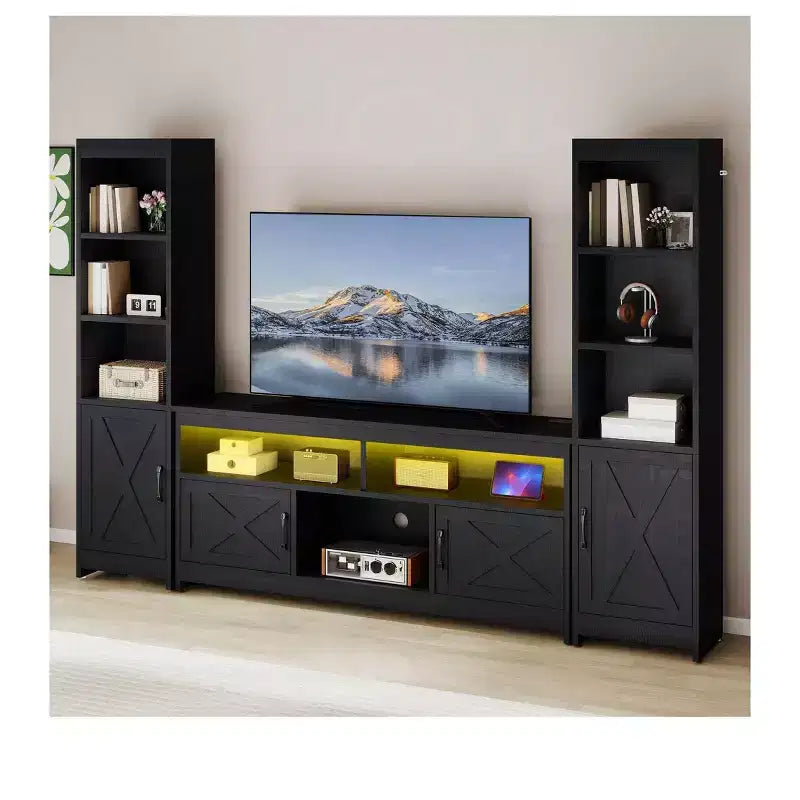 Farmhouse TV Stand for 65 inch TV, LED Entertainment Center with Storage & Power Outlets, TV Cabinet with Bookshelves for Living Room