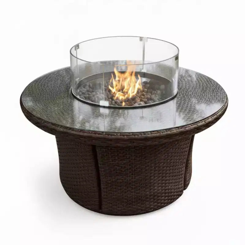 Covers&All 42 in Round Propane Fire Table, Java Wicker w / Windscreen & Fire Glass