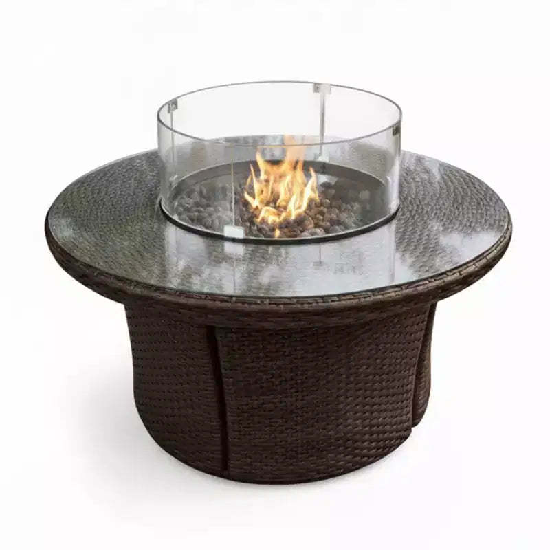 Covers&All 42 in Round Propane Fire Table, Java Wicker w / Windscreen & Fire Glass