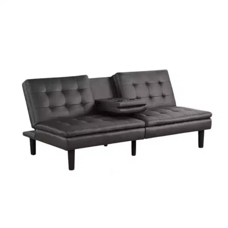 Royal Hampton Futon Sofa Bed, Drop-Down Tray and Cupholder, Gray Faux Leather