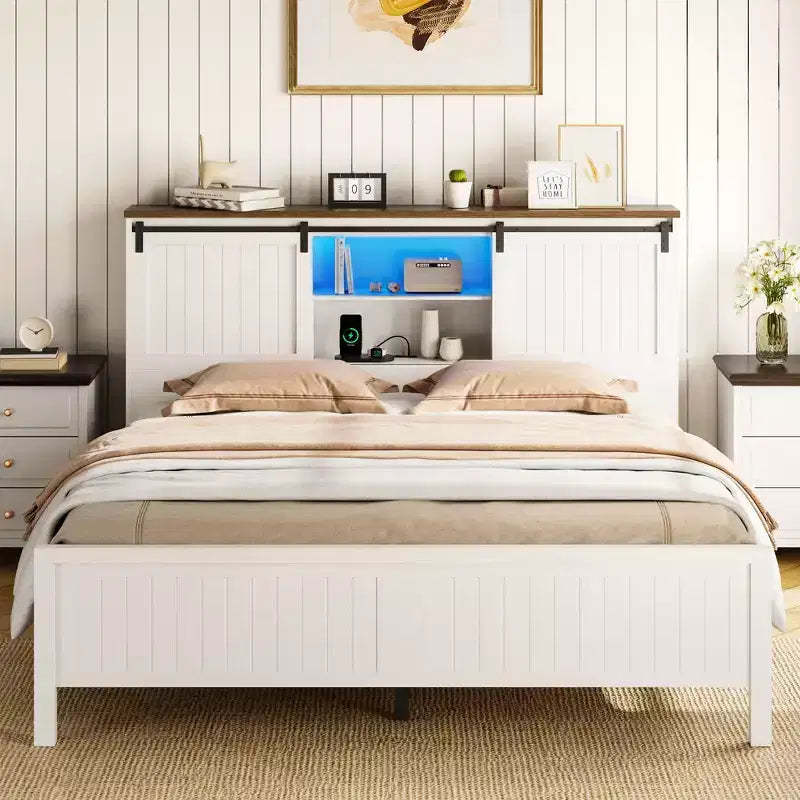 Bed Frame Upholstered with Storage, Metal Frame with Wood Lath Support, No Box Spring Needed, Easy Assembly