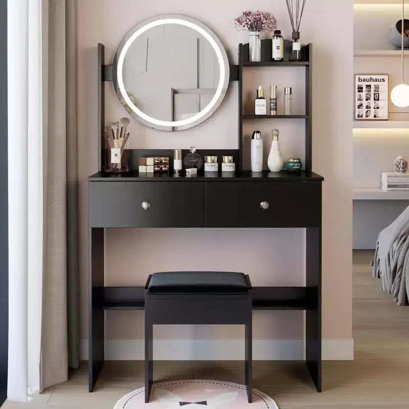 Vanity Desk with Mirror and Lights, Makeup Vanity Table Set with Power Outlets and Chair, 3 Lighting Colors, Makeup Desk with 3 Drawer